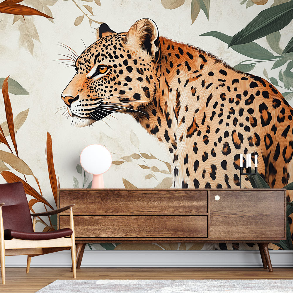 Majestic Leopard Wallpaper Among Delicate Foliage