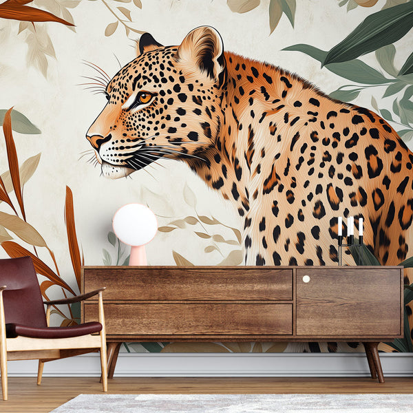 Majestic Leopard Wallpaper Among Delicate Foliage