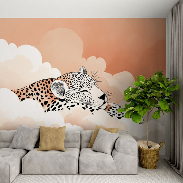 Sleeping Leopard Wallpaper | Soft Cloud Nursery Mural