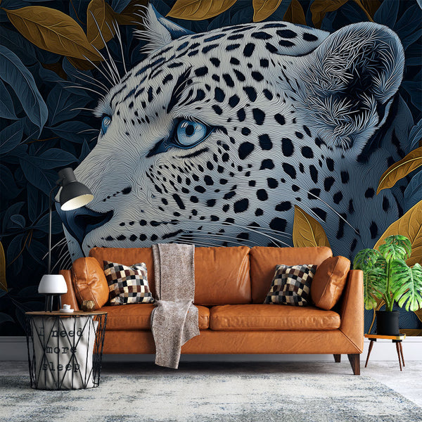 Leopard Portrait Wallpaper Among Lush Blue Foliage