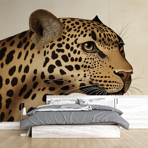 Artistic leopard portrait wallpaper with detailed spotted fur on beige background