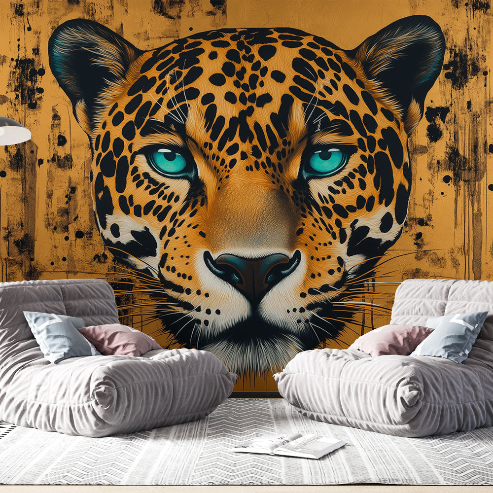 Leopard Wallpaper | Turquoise Eyes on Golden Backdrop