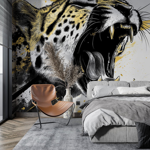 Roaring Leopard Wallpaper | Gold and Black Splashes