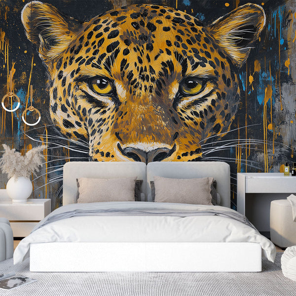 Stylised Leopard Head Wallpaper with Colourful Splashes