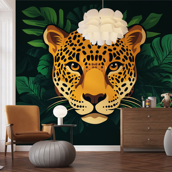 Leopard Wallpaper | Stylised Head Wall Mural with Tropical Leaves