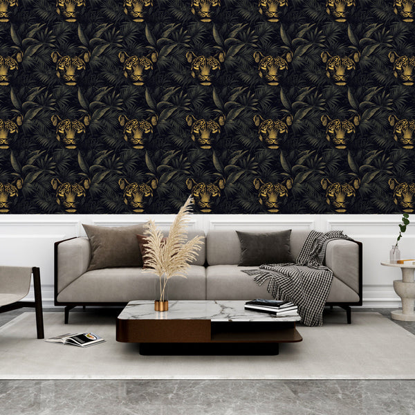 Leopard Wallpaper | Gold Leopard Heads and Lush Foliage