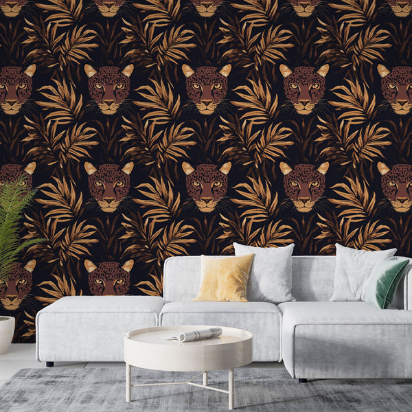 Leopard Wallpaper | Golden Foliage on a Deep Black Ground
