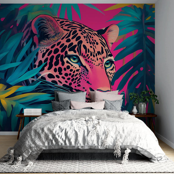 Vibrant Leopard Wallpaper in Colourful Tropical Jungle