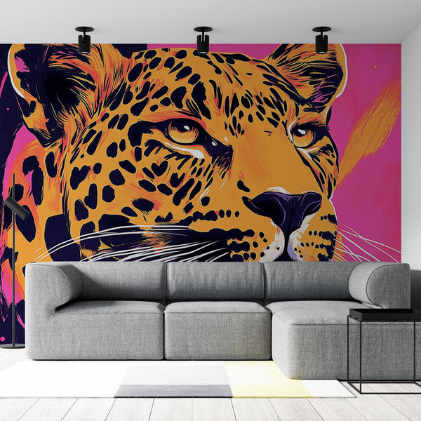 Stylised Leopard Face Wallpaper on Vibrant Pink Background