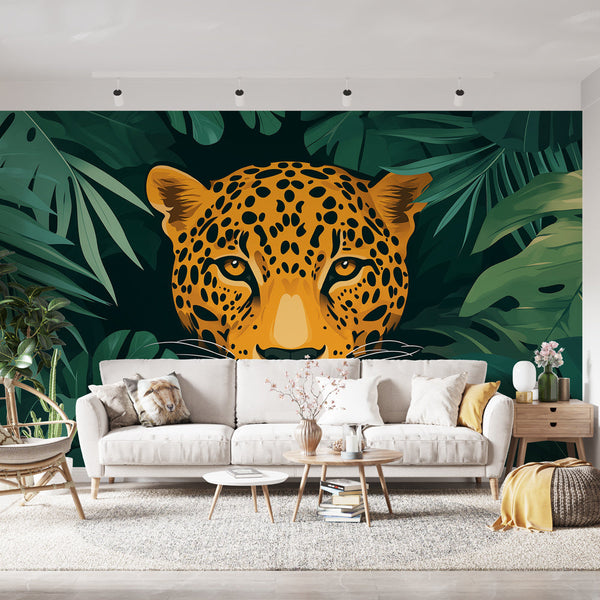 Leopard Wallpaper | Iconic Face Wall Mural in Lush Foliage