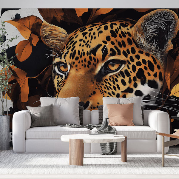 Realistic Leopard Face Wallpaper with Orange & Black Leaves