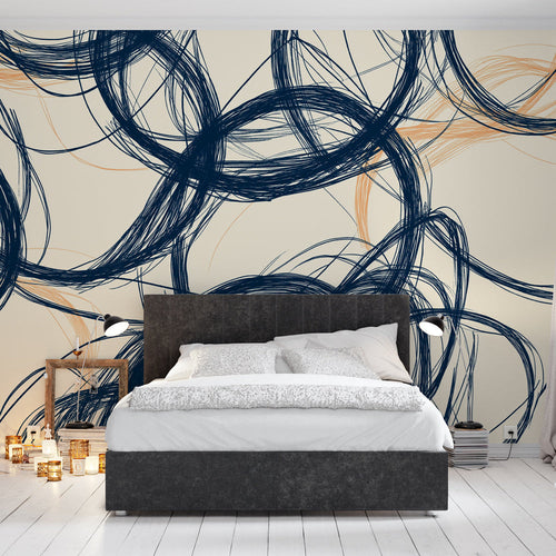 Abstract wallpaper with wavy navy lines and beige accents on cream
