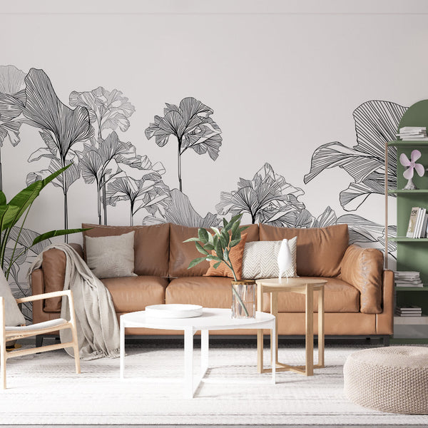 Floral Line Wallpaper | Black and White Botanical Wall Mural