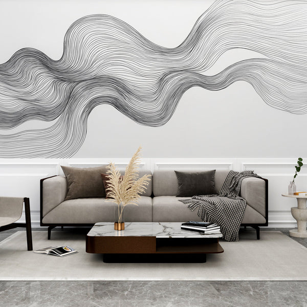 Linear wavy Wall Mural | Pattern abstract black white linear fluid