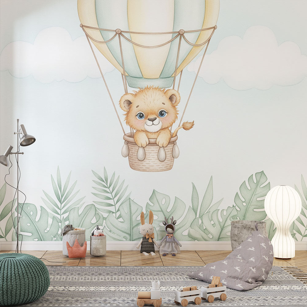 Lion Cub Balloon Wallpaper | Dreamy Sky Nursery Wall Mural