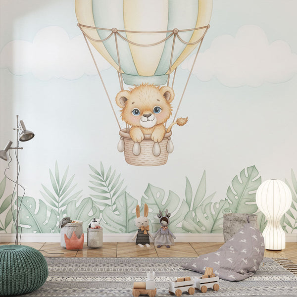 Lion Cub Balloon Wallpaper | Dreamy Sky Nursery Wall Mural