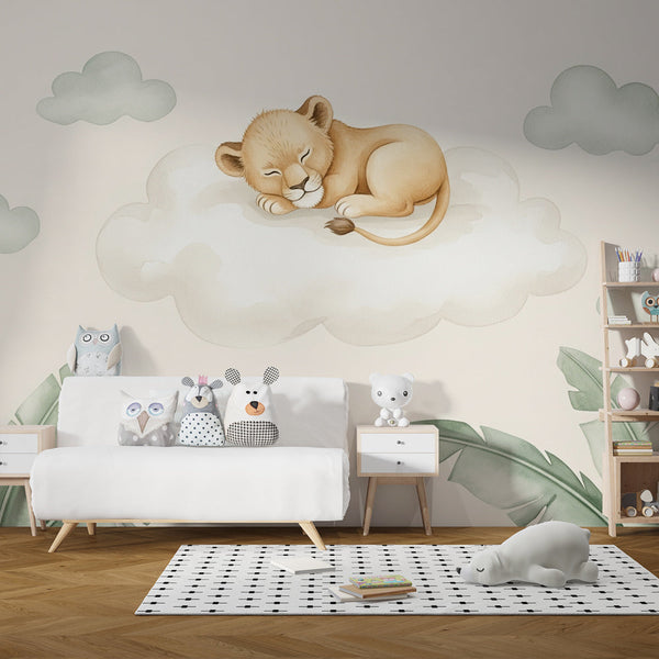 Sleeping Lion Wallpaper | Cloud and Leaves Wall Mural