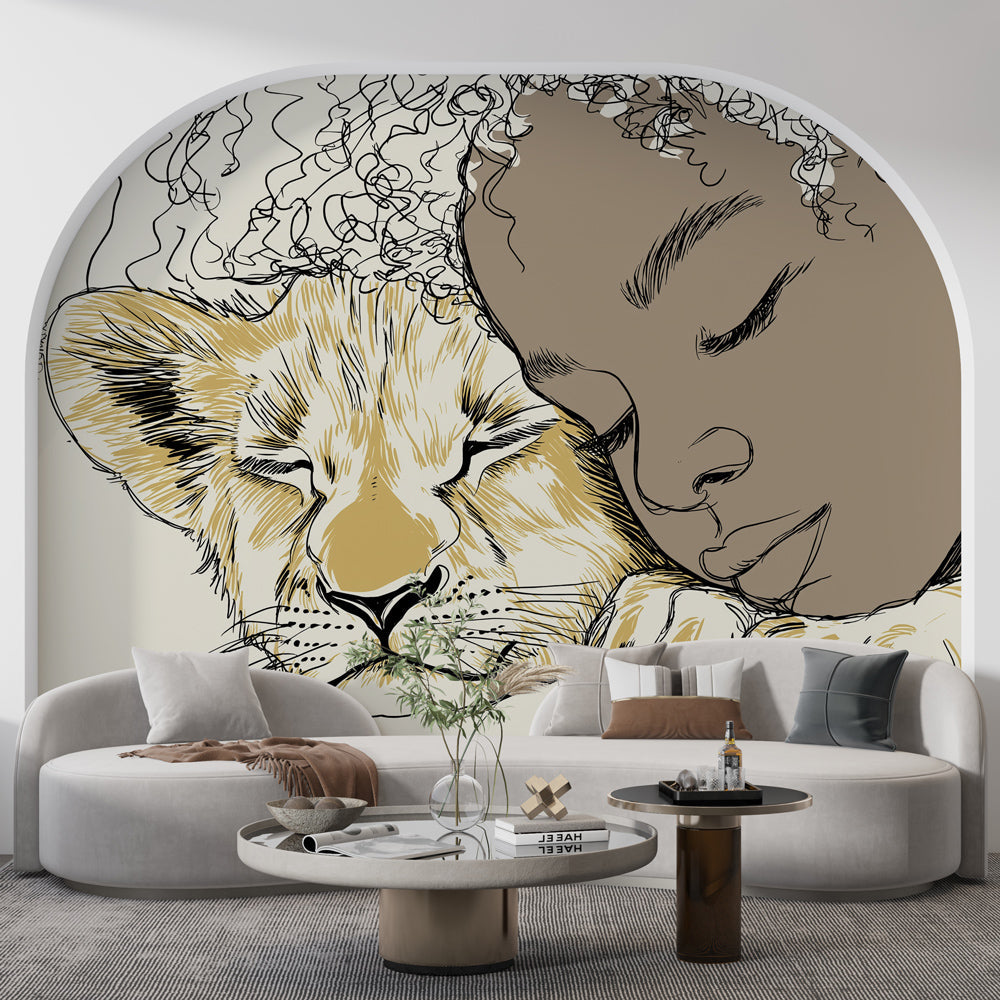 Lion and Child Wallpaper | Sleeping Cub Beside a Child