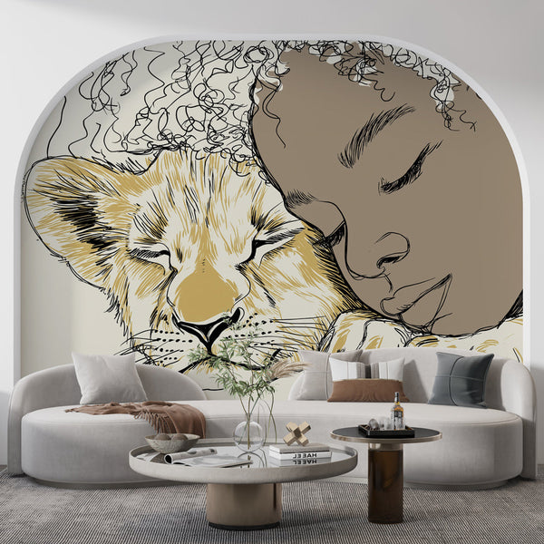 Lion and Child Wallpaper | Sleeping Cub Beside a Child