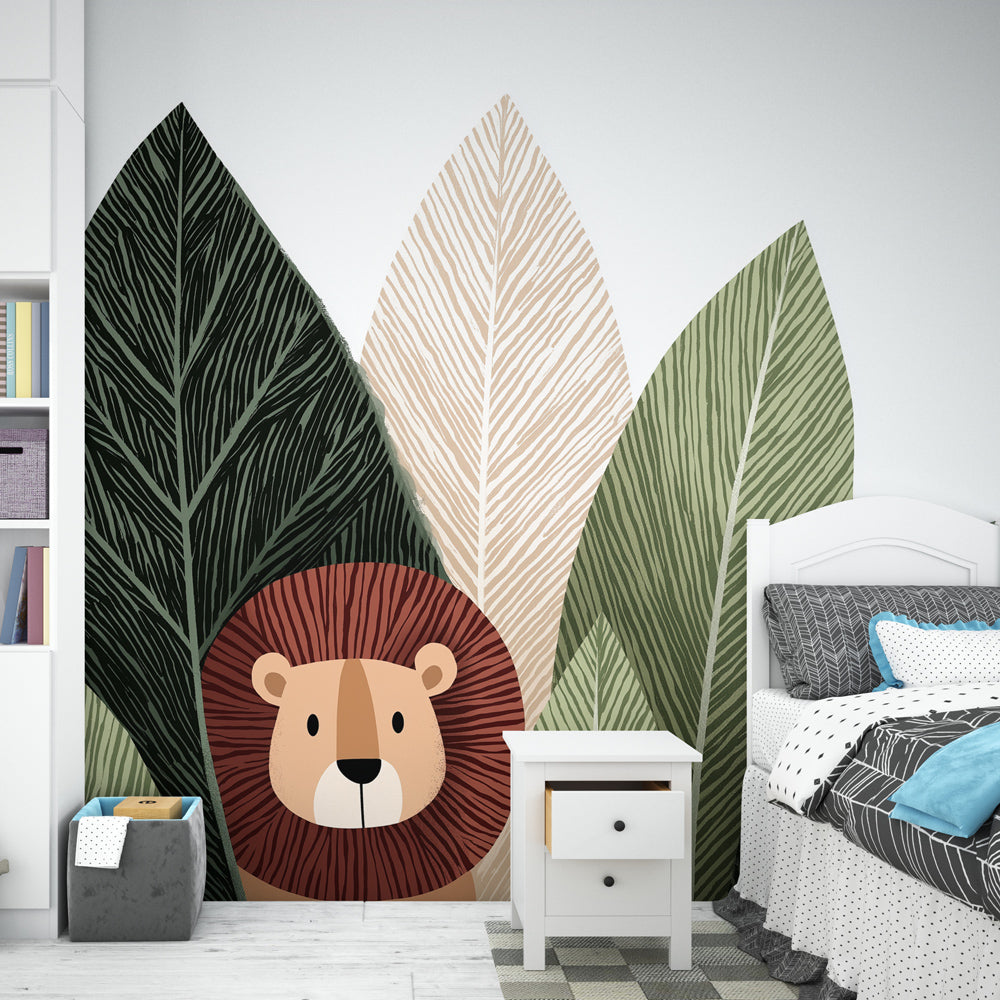 Lion Wallpaper | Lion Among Stylized Tropical Leaves