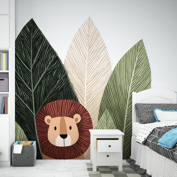 Lion Wallpaper | Lion Among Stylized Tropical Leaves
