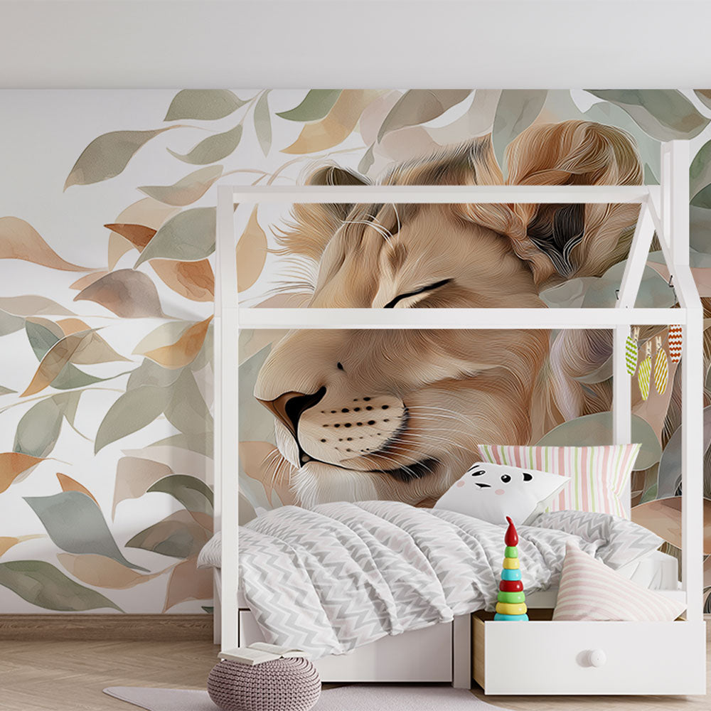 Lion and Foliage Wallpaper | Stylized Lion Face in Leaves