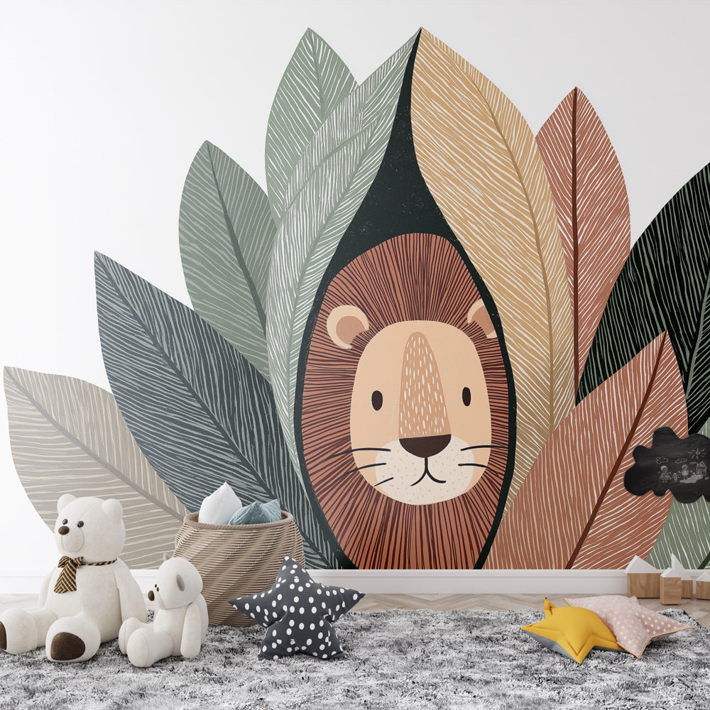 Lion Wallpaper | Friendly Lion in Earthy Leaf Patterns