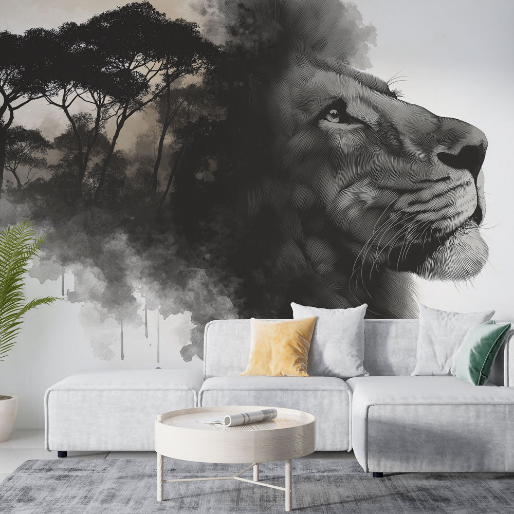 Lion Wallpaper | Majestic Portrait with Stylized Trees in Gray