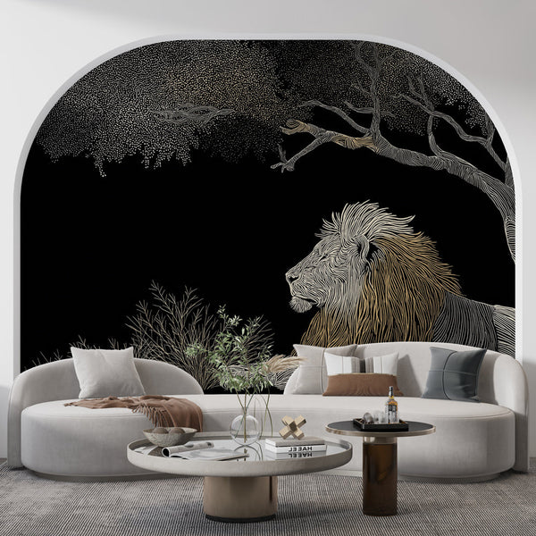 Lion Wallpaper | Lion Resting Beneath a Stylized Tree
