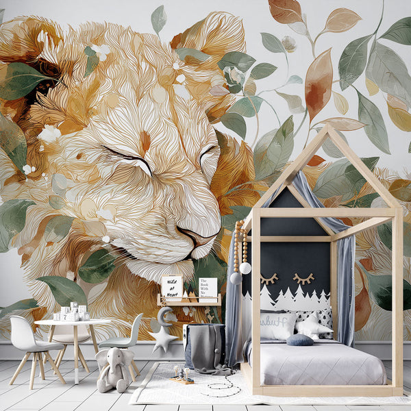 Lion Wallpaper | Gentle Lion Framed by Elegant Foliage