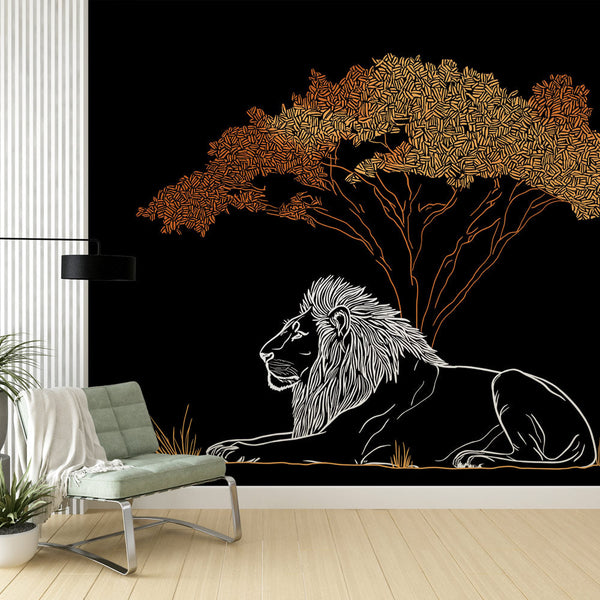 Lion Wallpaper | Lion Resting Under a Golden Tree on Black