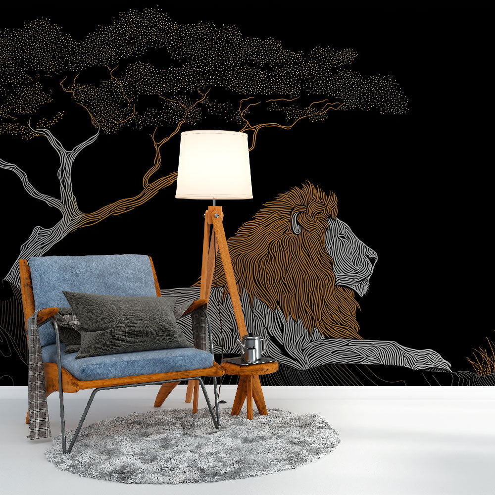 Lion Wallpaper | Majestic Lion and Tree Motif on Black