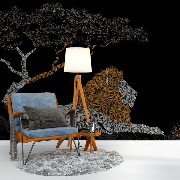 Lion Wallpaper | Majestic Lion and Tree Motif on Black