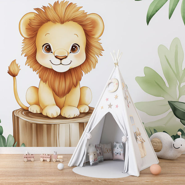 Lion Cub Wallpaper | Tropical Foliage Wall Mural Decor