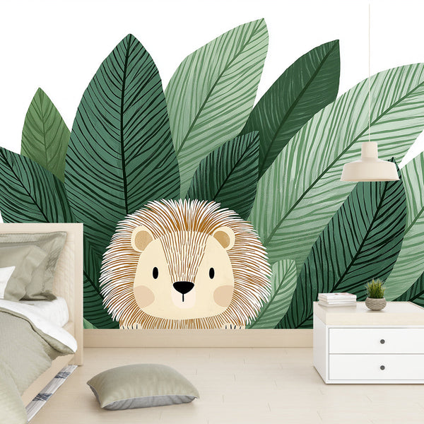 Lion Wallpaper | Cute Lion Framed by Large Green Leaves