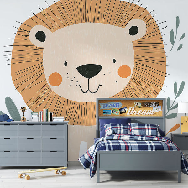 Stylized Lion Wallpaper | Botanical Cute Wall Mural Decor