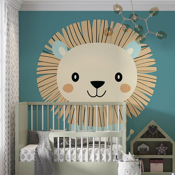 Playful Lion Wallpaper | Turquoise Wall Mural Kids Decor
