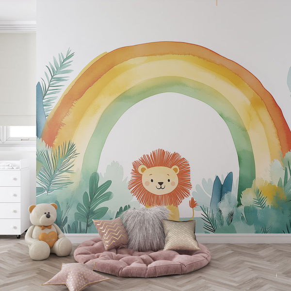 Lion and Rainbow Wallpaper | Cute Jungle Wall Mural