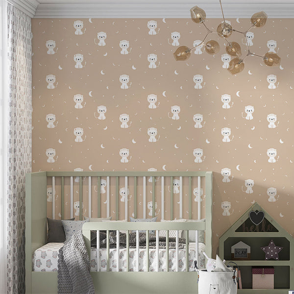 Cute Lion Wallpaper | Lions & Crescent Moons on Beige