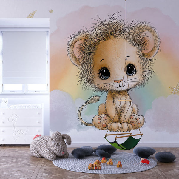 Cute Lion Cub Wallpaper | Clouds, Rainbow and Gold Stars