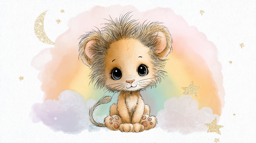 Cute Lion Cub Wallpaper | Clouds, Rainbow and Gold Stars