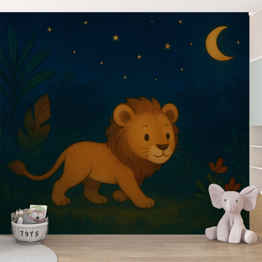 Cute Lion Wallpaper | Joyful Lion Under a Starry Night Sky