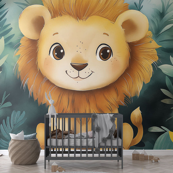 Smiling Lion Wallpaper | Tropical Foliage Wall Mural