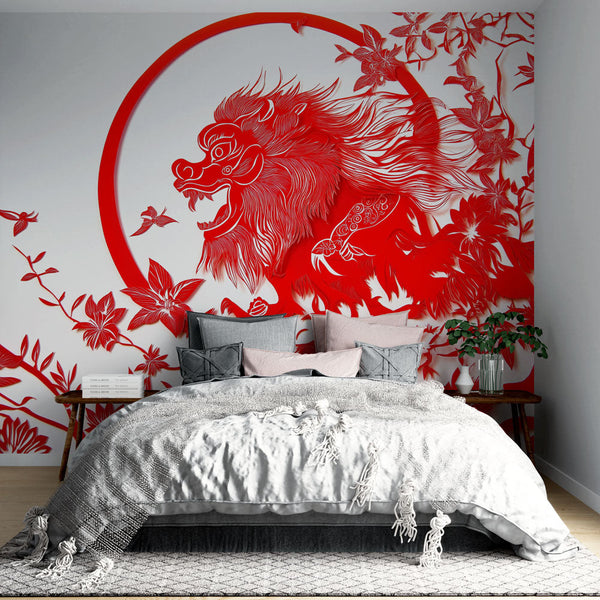 Lion Wallpaper | Papercut Lion & Red Florals Wall Mural