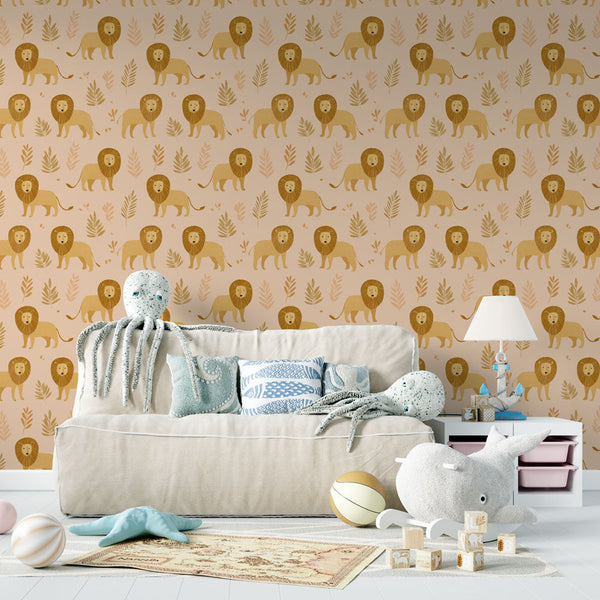Lion Wallpaper | Playful Peach Pastel Wall Mural