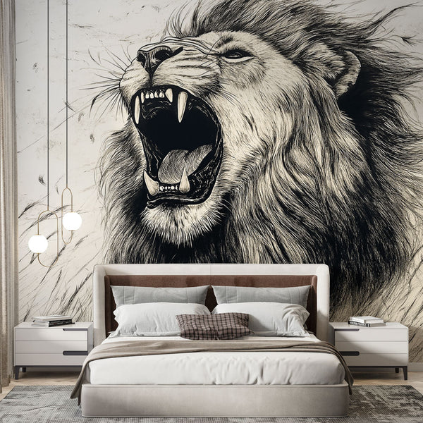 Roaring Lion Wallpaper | Captivating Monochrome Mural