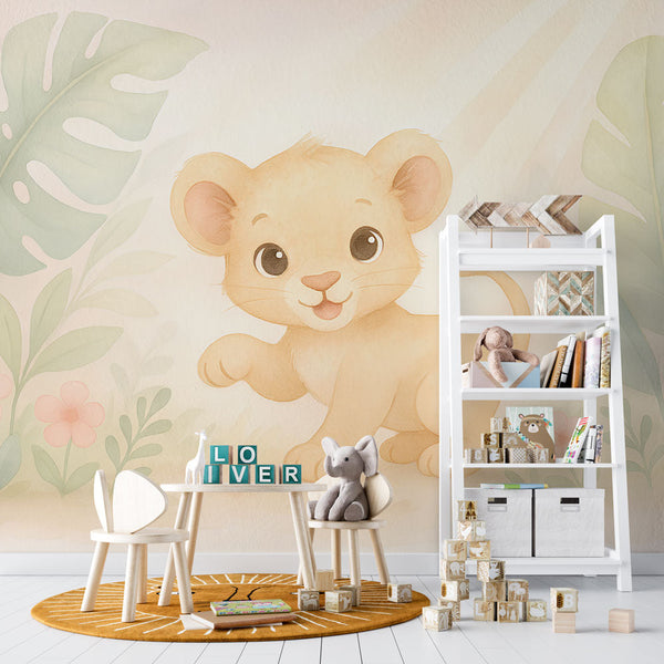 Lion Cub Wallpaper | Sweet Cub on Pastel Tropical Leaves