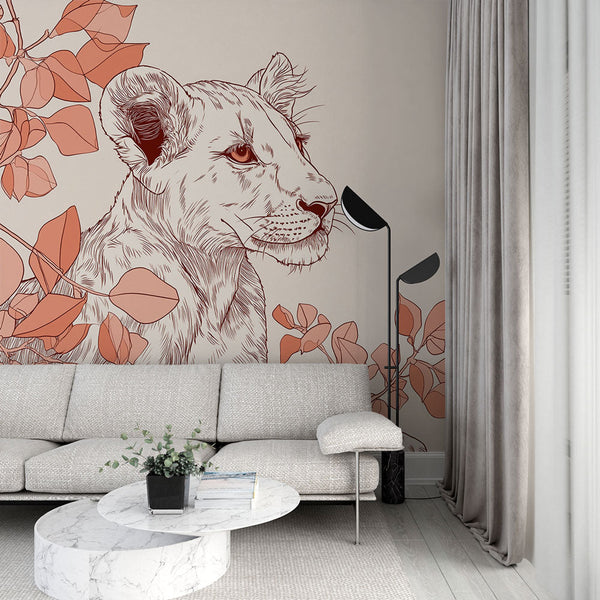 Lioness Wallpaper | Lioness Framed by Red Terracotta Leaves