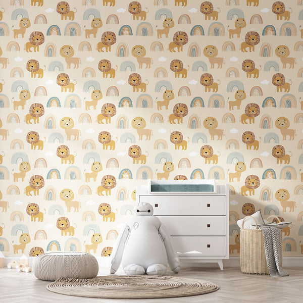 Lion and Rainbow Wallpaper | Pastel Beige Wall Mural