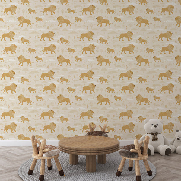 Golden Lion Wallpaper | Playful Beige Savanna Wall Mural